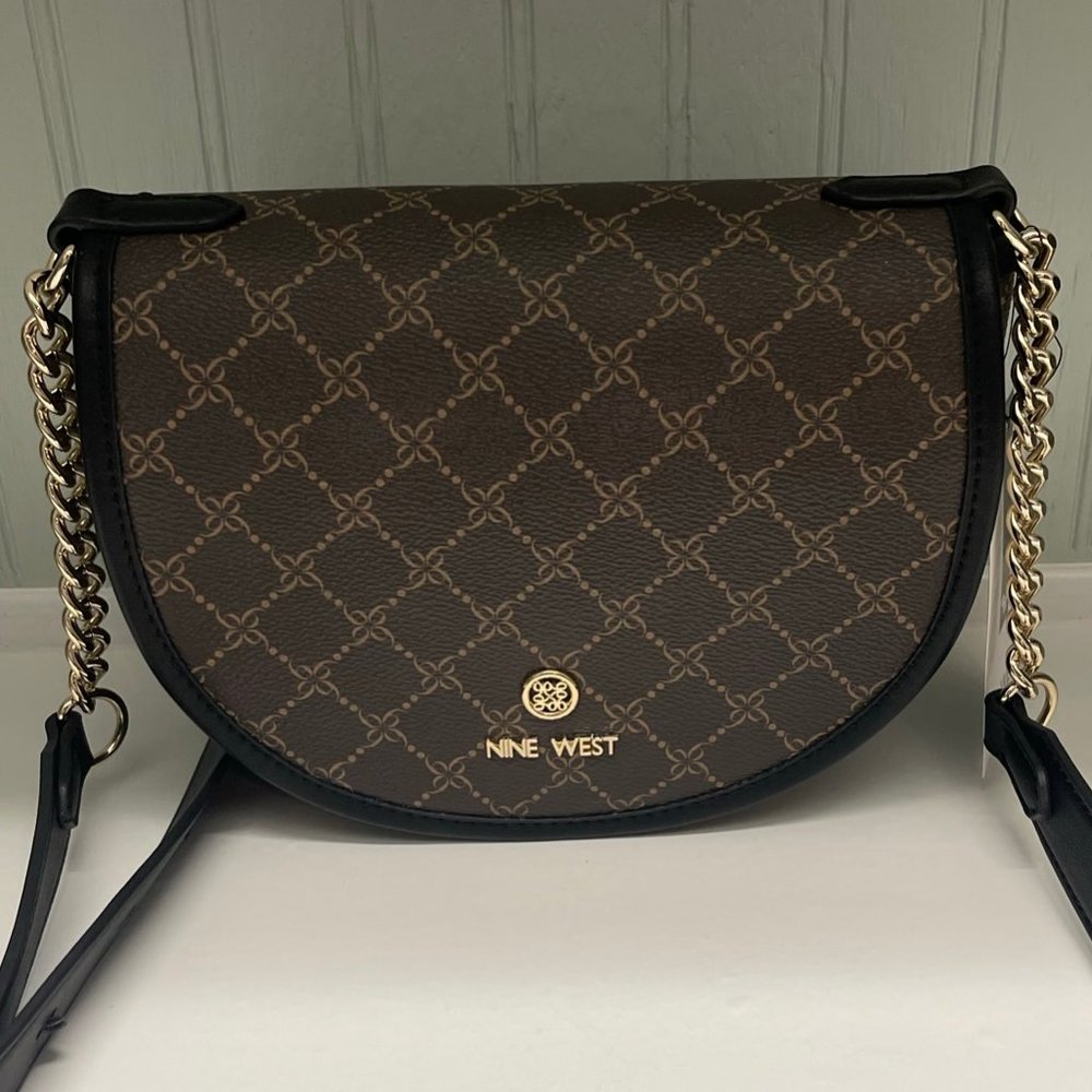 New With Tags NINE WEST Delaine Crossbody Saddle Bag Brown/Black
